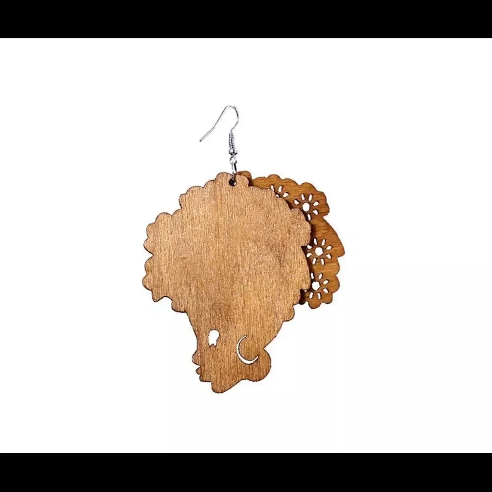 Brown Afro Beauty Shape Motion Wood Earrings - Picture 2 of 5